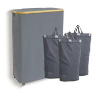 Quibbay 160L Laundry Hamper 3 Section, Extra Large Laundry Hamper with Lid, Dirty Clothes Hamper with Bamboo Handles & 3 Removable Bags, Laundry Basket with Wheels for Bedroom,Laundry Room, Grey