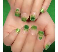 Quick Application Short Glossy False Nails 24Pcs Festive Green Glitters French Tip Artificial Shamrock Design ABS