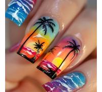 Quick Apply Sunset Beach Palm Tree Artificial Nails Acrylic False Nails Full Covers Press On Nails For Various Occasion