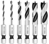 Quick Change Hex Shank Drill Bit Set with 3 Point Tips, Suitable for Woodworking, Includes 6 Sizes from 3/32 to 3/8, Made from High Speed Steel