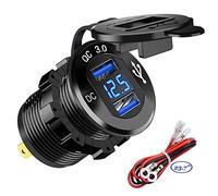 Quick Charge 3.0 Car Charger Socket 12V/24V 36W Aluminum QC3.0 Dual USB Fast Charger Socket Power Outlet with LED Voltmeter for Marine, Boat, Motorcycle, Truck, Golf Cart (Dual QC3.0 (Blue))