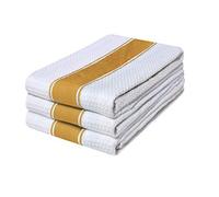 Quick Cleaning Supplies QCS Pack of 3 Large Honey Comb Weave Tea Towel Set 100% Combed Ring Spun Cotton Kitchen Dish Cloth Super Absorbent Stripe Design Premium Construction 70cm X 45 cm (Yellow)