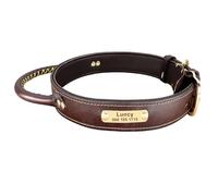 Quick-Control Pet Training Leather Collar Personalised ID Tag Sheepdog Labrador Shiba Inu Collar With Handle,Brown,L