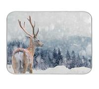 Quick Drying Mat Microfibre Drying Pad Winter Snow Deer Animal Washable Counter-top Mat Kitchen Draining Board Mats for Dishes Glass, 16x18 in