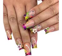 Quick Manicure Tips Set, Colorful French Tip False Pieces with Animal Print Accents, White Star Charms and Glossy Nude Base for Daily Styling, 24 Pieces Stick on Tips Artificial Press-on Manicure Hand