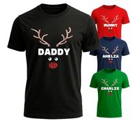 Quick Printing Personalised Reindeer Face Christmas T-Shirt Custom Name Xmas Tee for Kids, Adults, Family Matching Outfit Funny Rudolph Design Idea Unisex Top for Men, Women, Boys, Girls Black