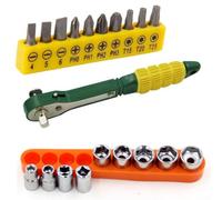 Quick Ratchet Socket Wrench Set, 1/4" Drive with 5-13 mm Sockets & 10-Piece Screwdriver Bits, Steel Core + Plastic Handle, Compact Lightweight Design for(20PCS)