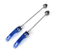 Quick release axle set for mountain bikes front and rear wheels with CNC machined components for precise fit and strong wheel fixation during rugged trail rides (blue)