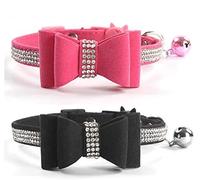Quick Release Cat Collar with Bell and Bow Tie,Bling Rhinestones and Adjustable Safety Kitten Collar Soft Leather,Kitty and Some Puppies Safety Collars (Black+Pink)