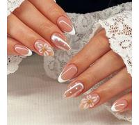 Quick Wear Manicure Tips Nude French Tip Set, 24 Pcs Multi Size Pieces with Floral Pearl Detail for Going Out and Daily Plans