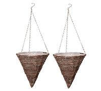 Quickdraw 2 x Rattan Cone Hanging Baskets 12” - Outdoor Planters with Liner & Chains - Weather Resistant Wicker Basket Flower Pots for Garden Plants & Flowers