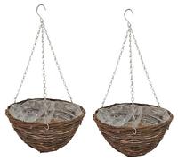 Quickdraw 2 x Rattan Hanging Baskets 14” - Round Outdoor Planters with Liner & Chains - Weather Resistant Wicker Basket Flower Pots for Garden Plants & Flowers