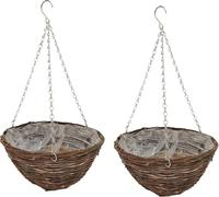 Quickdraw 2 x Rattan Hanging Baskets 16” - Round Outdoor Planters with Liner & Chains - Weather Resistant Wicker Basket Flower Pots for Garden Plants & Flowers