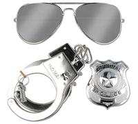 Quickdraw 3 Piece Police Officer Set Adults Policeman Sunglasses Badge & HandCuffs Fancy Dress Costume Accessories