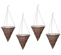Quickdraw 4 x Rattan Cone Hanging Baskets 12” - Outdoor Planters with Liner & Chains - Weather Resistant Wicker Basket Flower Pots for Garden Plants & Flowers