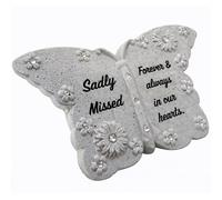 Quickdraw Supplies Grave Ornament Memorial Butterfly Plaque - Sadly Missed Headstone Decoration, 15cm Stone Effect Graveside Cemetery Tribute Keepsake with Floral Detail