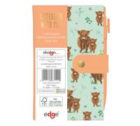 Quickdraw Supplies Highland Cow Slim Notebook with Pen A6 Pocket Notepad 15 x 9cm FSC Paper 96 Pages Popper Closure Small Writing Journal Portable Memo Pad Travel School Office Notes (Blue)