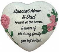 Quickdraw Supplies Mum Dad Grave Ornament Memorial Heart - Parents Remembrance Headstone Decoration with Diamantes & Roses, Stone Effect Graveside Cemetery Tribute Keepsake