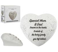 Quickdraw Supplies Mum & Dad Memorial Heart Grave Ornament - Grey Polyresin with Diamante Roses, Sentiment Verse, Weather-Resistant Keepsake