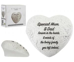 Quickdraw Supplies Mum & Dad Memorial Heart Grave Ornament - Grey Polyresin with Diamante Roses, Sentiment Verse, Weather-Resistant Keepsake