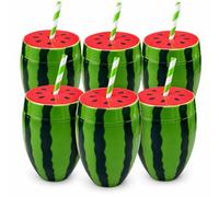 Quickdraw Watermelon Cups with Straws Pack of 6 Reusable Plastic Drinks Cups with Lids Cocktail Cups Tiki Hawaiian Luau Beach BBQ Summer Party Drinkware for Kids & Adults