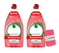Quickwash Platinum Washing Up Liquid - Pink Grapefruit 520ml (Pack of 2) - Powerful Grease-Cutting & Long Lasting Dish Soap - Gentle on Hands, Refreshing Grapefruit Scent - Free Sponge Included