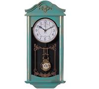 Quickway Imports Large Vintage Grandfather Wood- Looking Plastic Pendulum Wall Clock for Living Room, Kitchen, or Dining Room, Large Blue with Gold Distressed Design
