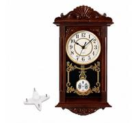 Quickway Imports Vintage Grandfather Wood- Looking Plastic Pendulum Wall Clock for Living Room, Kitchen, or Dining Room, Brown