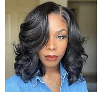 quickwig Short Body Wave Wig Glueless Short Wavy Bob Wigs Side Part Loose Wave Wigs for Women Shoulder Length Curly Synthetic Wig Lace Part Hair (Natural Black)