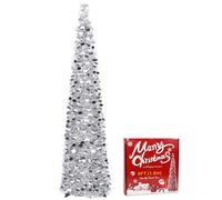 QUIENKITCH 6FT Pop Up Artificial Christmas Tree, Collapsible Sliver Tinsel Christmas Tree, Foldable Tall Skinny Pencil Xmas Tree for Holiday Xmas Fireplace Party Decor