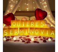 Quieres Ser Mi Novia Light Up Letters, Include Light up Letters, with Tea Lights Candles, Latex Balloons, Aluminum Balloons and Rose Petals, Anniversary and Valentines' Day Decorations for Women