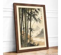 Quiet Bamboo Mountains Japandi Framed Wall Art Print A3 Walnut