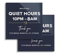 Quiet Hours Sign Magnetic 2 Pack, 6x6 Acrylic 10pm-8am Noise Reminder for Vacation Rental Apartment Dorm Office, Mindful of Others House Rules Wall Plaque with Adhesive Tapes, Midnight Blue