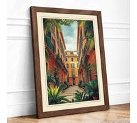 Quiet Mediterranean Street Vintage Framed Wall Art Print A4 (29.7×21cm) Walnut, Wall Decor for Living Room, Bedroom, Office & Home, Ready to Hang, Art Gift