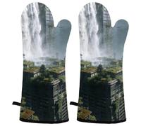 Quiet Path Through Wheat Fields Heat Resistant Oven Mitts, 2 Pairs Non-Slip Silicone & Cotton Lining, Flexible Kitchen Gloves for Baking, Grilling, Cooking, Microwave & Air Fryer (Black & Gray)