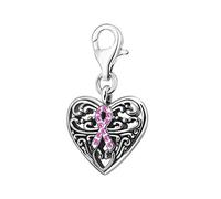 Quiges 3D Pink Ribbon Symbol on Heart Clip On Charm with Cubic Zirconia Pendant Silver Plated Women's Jewellery