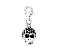 Quiges 3D Skull Clip On Charm Pendant with Black Cubic Zirconia Silver Plated Women's Jewellery