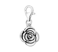 Quiges 925 Sterling Silver 3D Rose Flower Clip On Lobster Clasp Charm Pendant