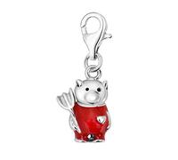 Quiges 925 Sterling Silver Red Enamel 3D Pig Devil with Trident Lobster Clasp Charm Clip on Pendant