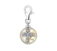 Quiges 925 Sterling Silver White Cubic Zirconia and Imitation Pearl Cross Lobster Clasp Charm Clip on Pendant