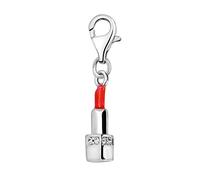 Quiges 925 Sterling Silver White Cubic Zirconia and Red Enamel 3D Lipstick Lobster Clasp Charm Clip on Pendant