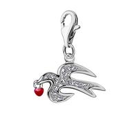 Quiges 925 Sterling Silver White CZ and Red Enamel 3D Bird Swallow Lobster Clasp Charm Clip on Pendant