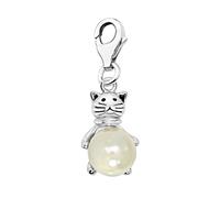 Quiges 925 Sterling Silver White Imitation Pearl with 3D Cat Lobster Clasp Charm Clip on Pendant