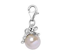 Quiges 925 Sterling Silver White Imitation Pearl with 3D Elephant Lobster Clasp Charm Clip on Pendant