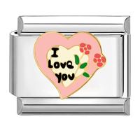 Quiges - 9mm Italian Style Charm Link Module Stainless Steel I love you with flowers & heart for Italian Style Bracelets