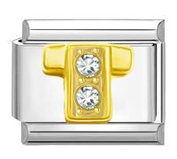 Quiges - 9mm Italian Style Charm Link Module Stainless Steel Zirconia Gold Alphabet Letter T for Italian Style Bracelets