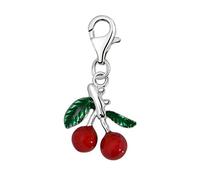 Quiges Red and Green Enamel 3D Cherry Clip On Charm Pendant Silver Plated Women's Jewellery
