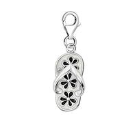 Quiges White Black Enamel Flower Flip Flop Clip On Charm Pendant with Cubic Zirconia Silver Plated Women's Jewellery