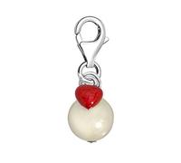 Quiges White Imitation Pearl with Red Enamel Heart Clip On Charm Pendant Silver Plated Women's Jewellery