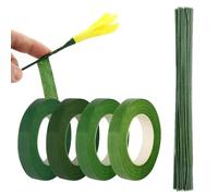 QUIIEOSKIA 4 Rolls Florist Tape, Green Floral Tape, 100 Florist Wires DIY Florist Stem Wrap Tapes Arrangement Supplies (30 Yards/Roll)